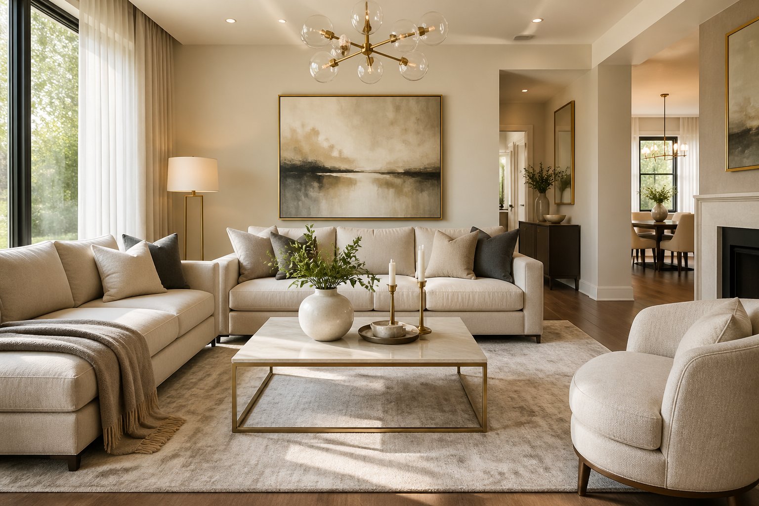 A modern living room with comfortable seating, natural light, tasteful decorations, and subtle luxury details.