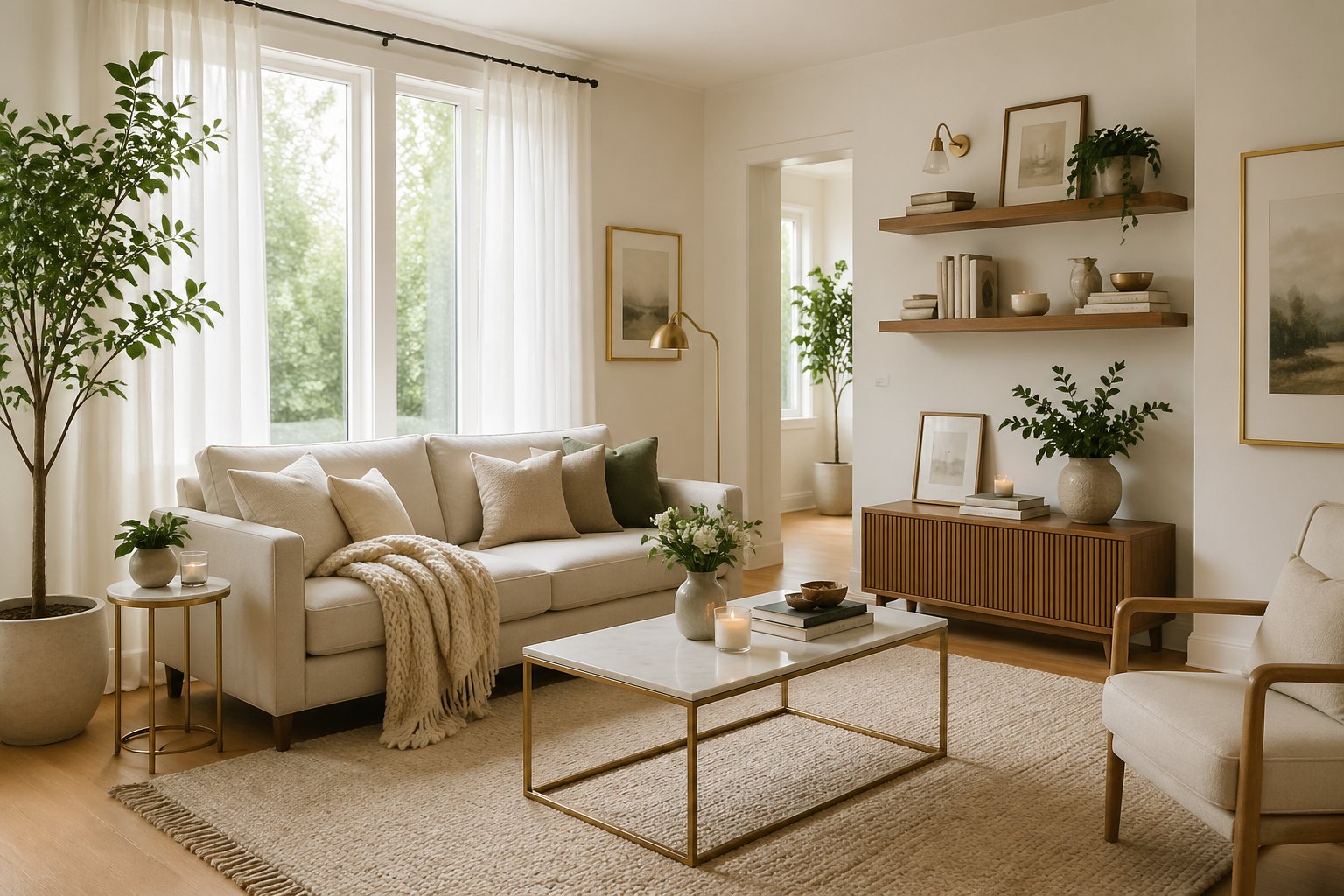 A bright living room with natural light, a cozy sofa with pillows, plants, wooden shelves, and simple decorative items.