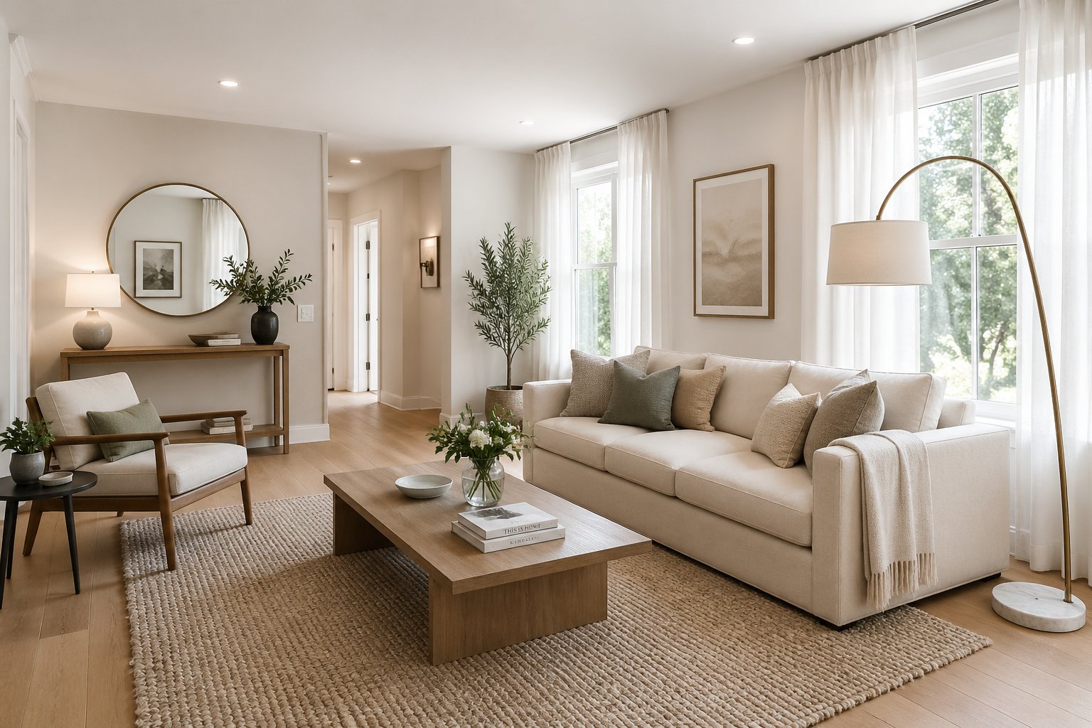 A bright living room with a simple sofa, coffee table, plants, and natural light coming through large windows.