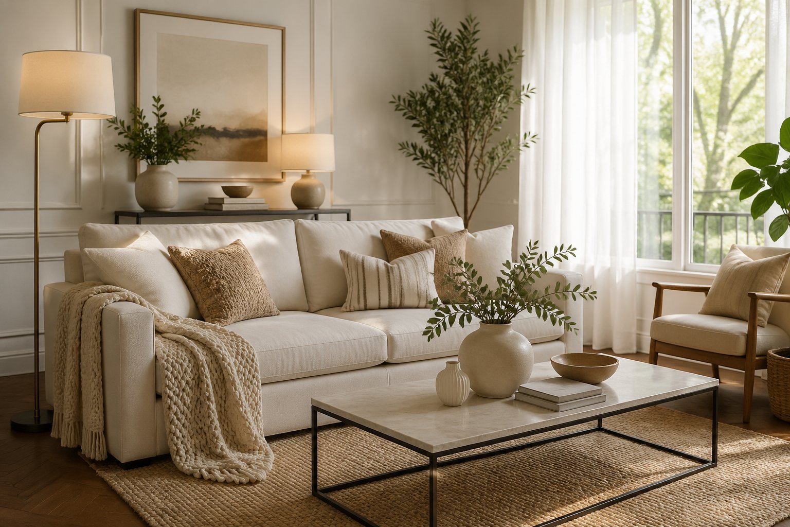 A bright living room with a modern sofa, decorative pillows, plants, a coffee table with vases, and natural light coming through large windows.