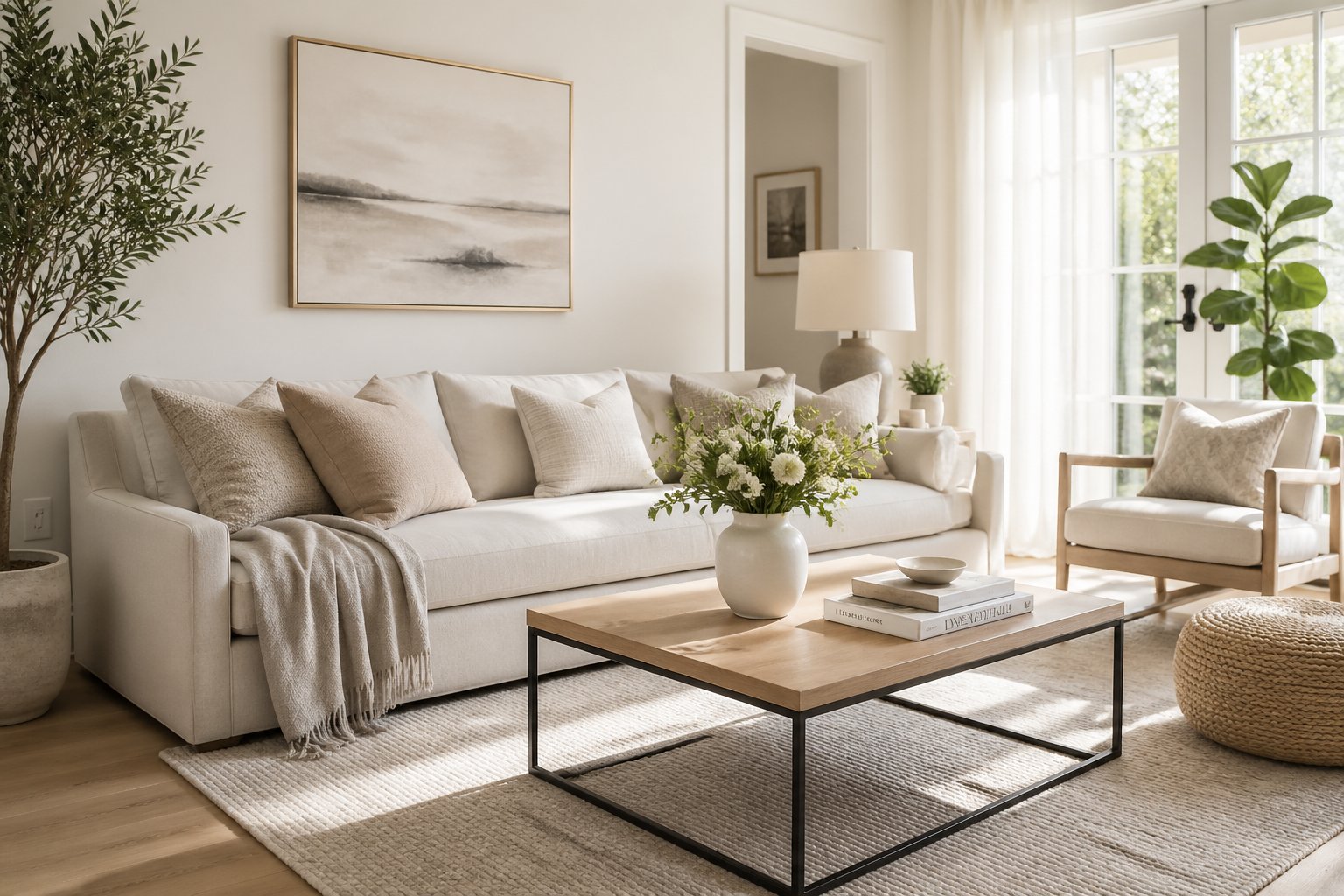 A bright and inviting living room with natural light, simple furniture, plants, and tasteful decor creating a warm and elegant atmosphere.