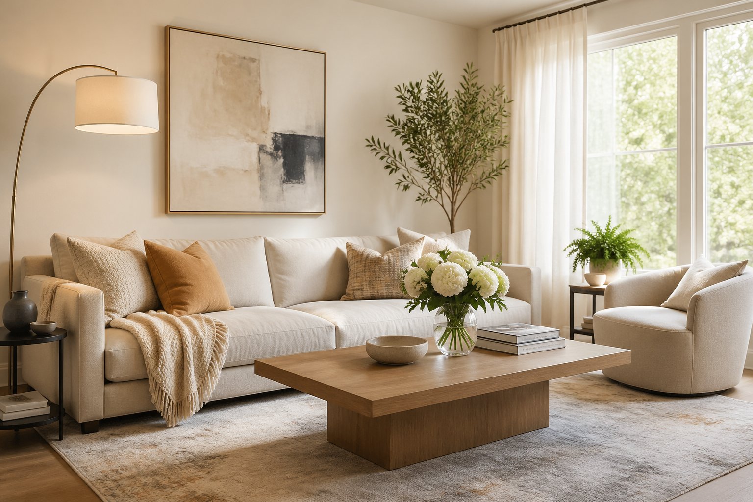 A bright living room with a sofa, coffee table, plants, and artwork, illuminated by natural light.