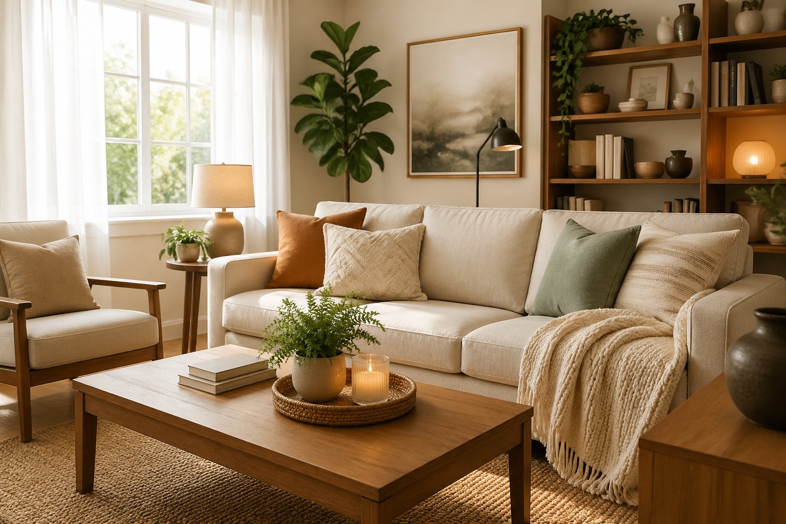 A bright living room with a modern sofa, coffee table, plants, and natural light coming through large windows.