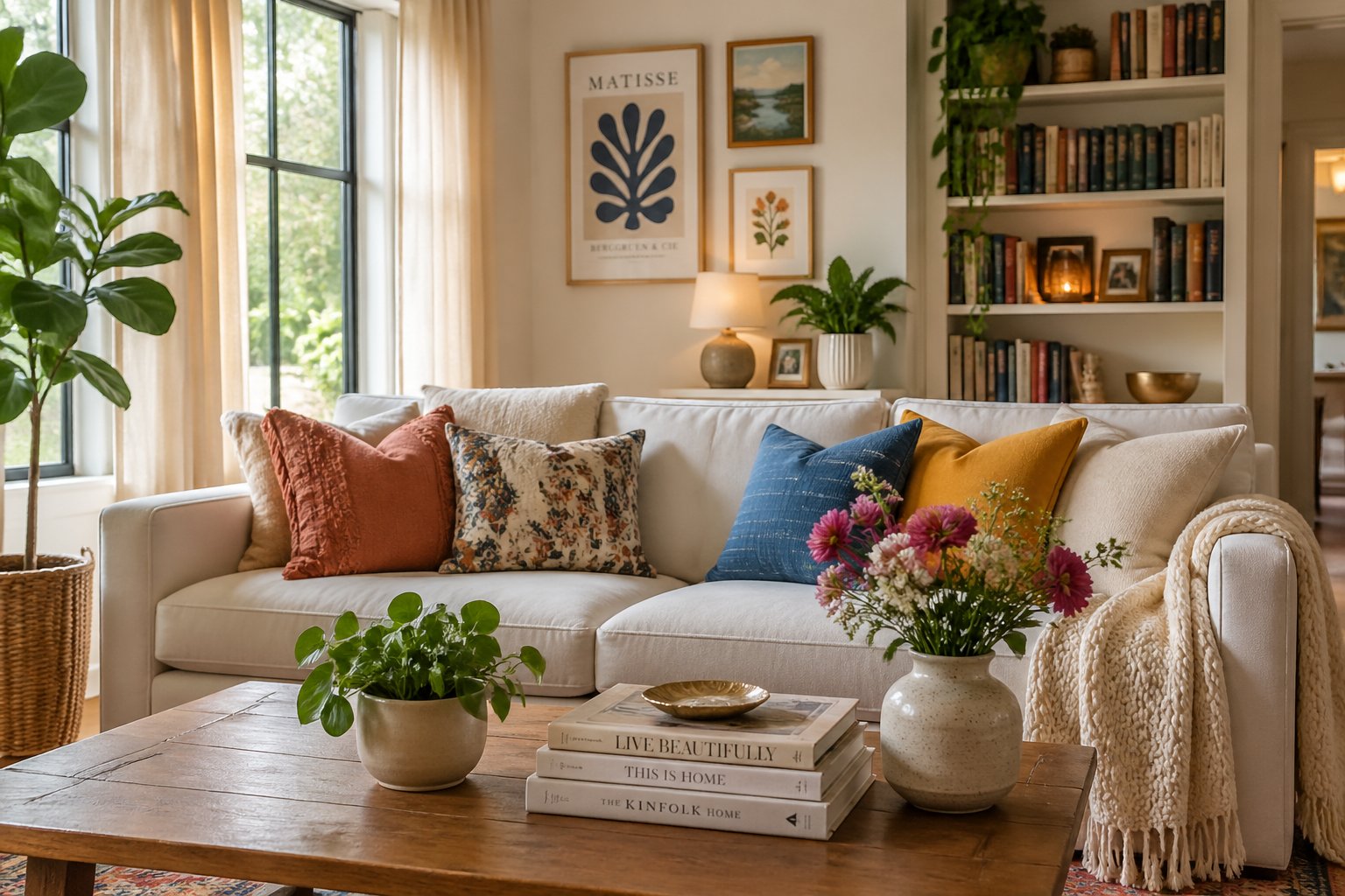 A cozy living room with a sofa, decorative pillows, a coffee table with plants and books, and sunlight coming through large windows.