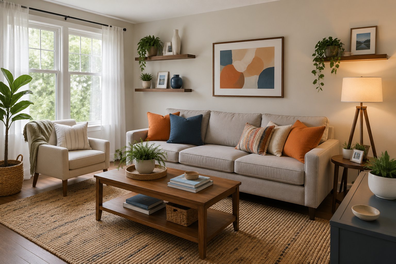 A bright living room with a sofa, coffee table, plants, artwork on walls, and natural light coming through large windows.