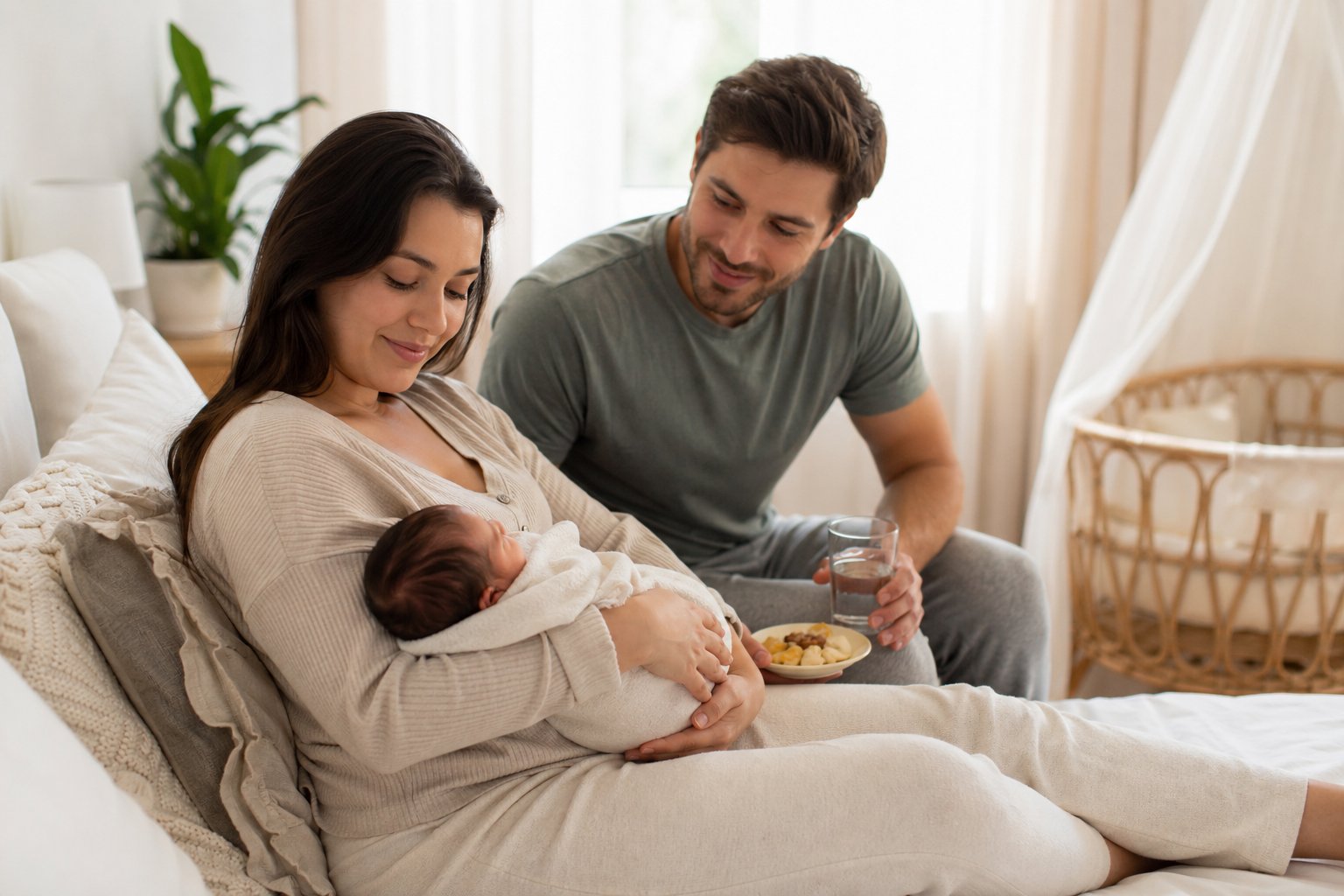 A new mother sitting comfortably indoors, gently holding her newborn baby with a supportive partner nearby in a softly lit room.
