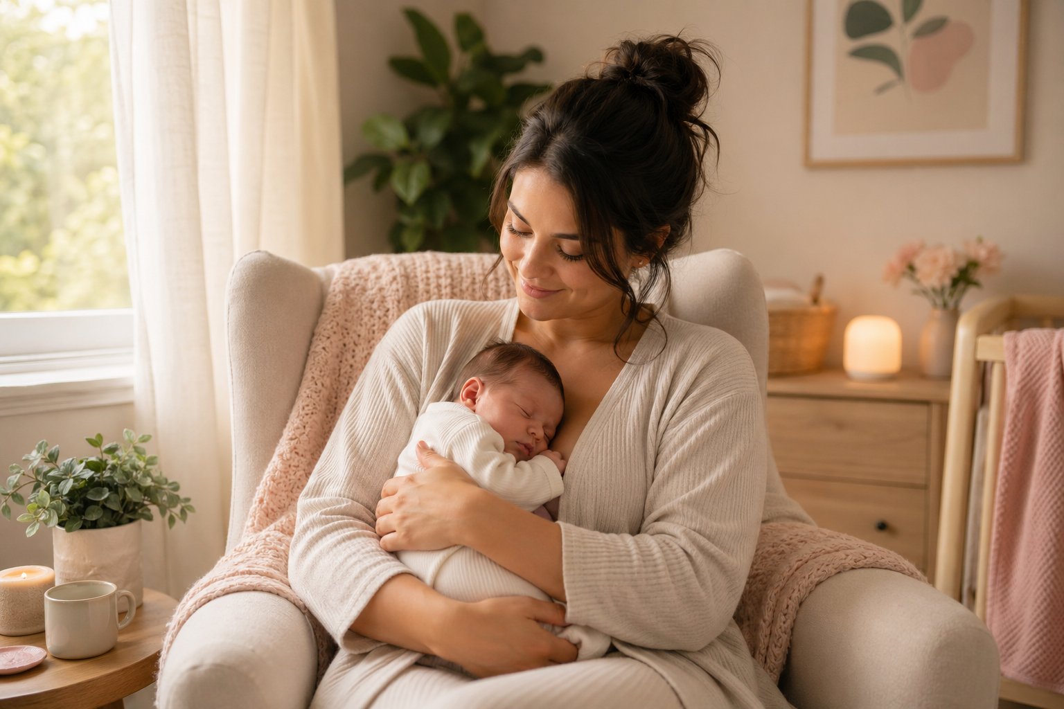 A mother sitting in a chair holding her newborn baby in a softly lit nursery.