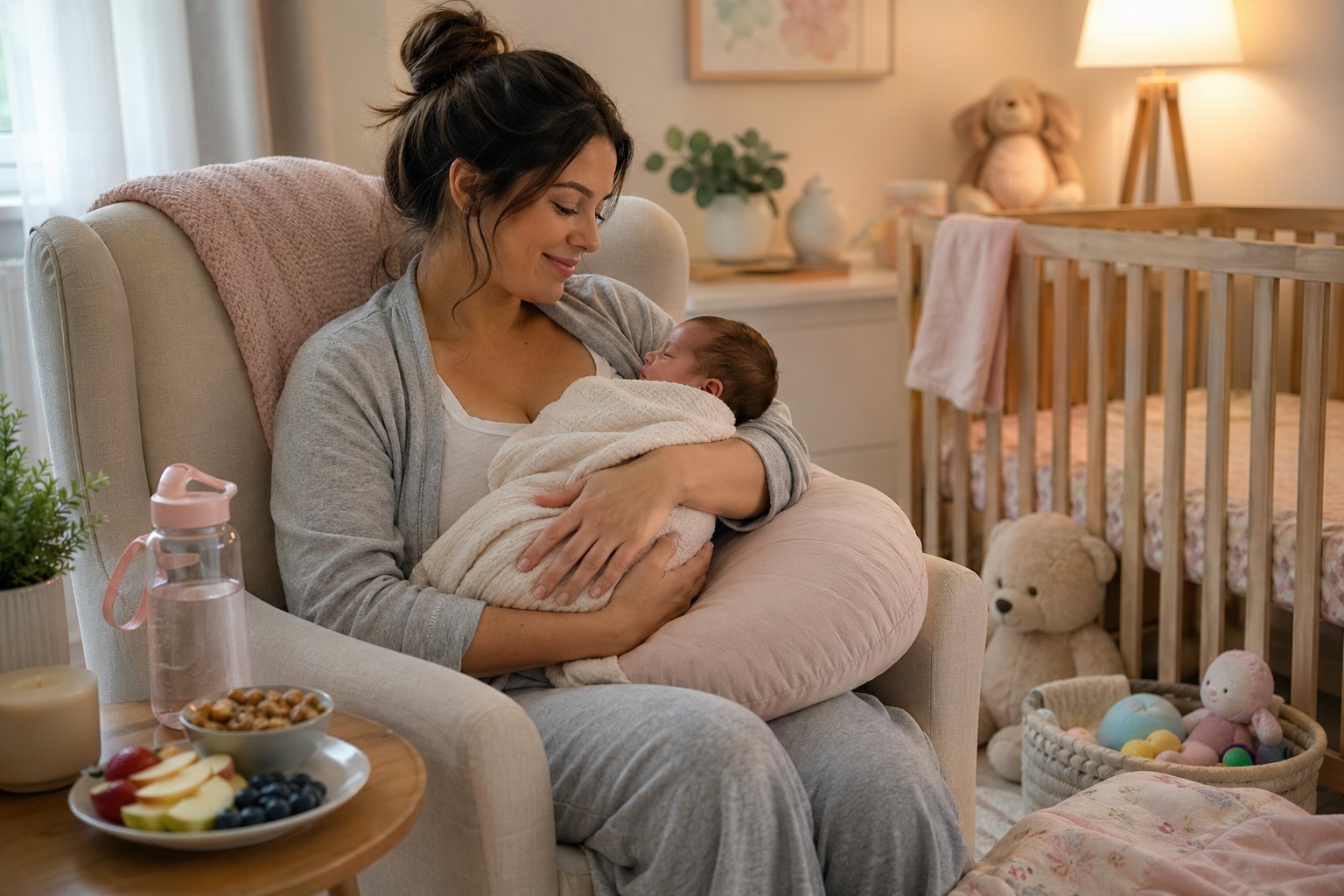 A mother sitting in a nursery, gently holding her newborn baby wrapped in a blanket.