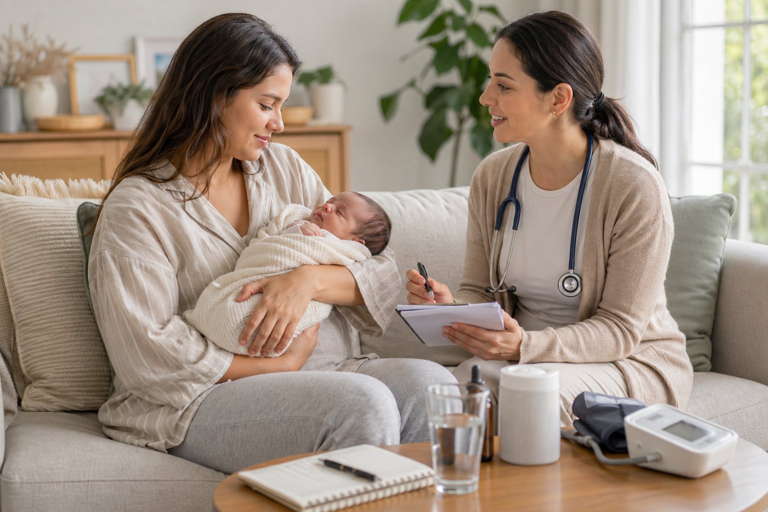 A mother holding her newborn baby while a healthcare professional offers support and advice in a bright, calm room.