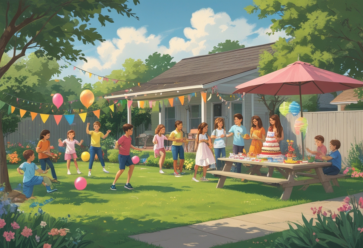 A backyard birthday party with children playing games and adults socializing around a picnic table in a sunny garden.