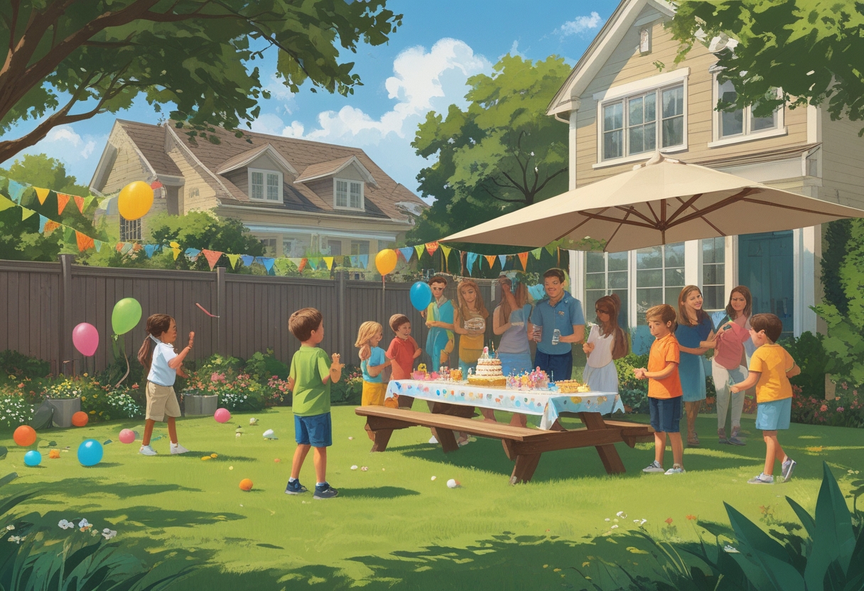 A backyard birthday party with children playing games, adults socializing, colorful decorations, and a picnic table with food in a suburban setting.