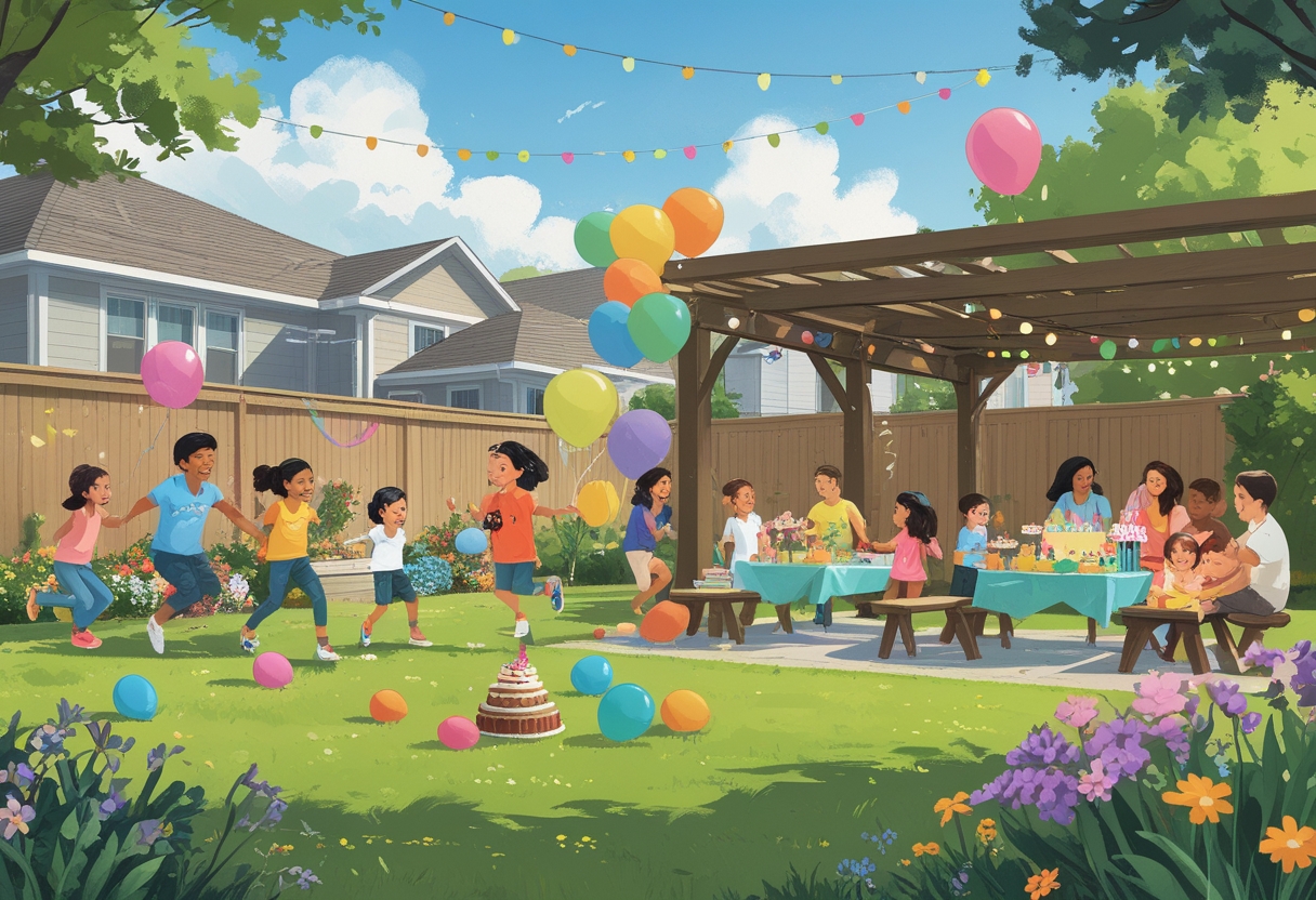 A lively backyard birthday party with children playing games and adults socializing among decorations and food tables.