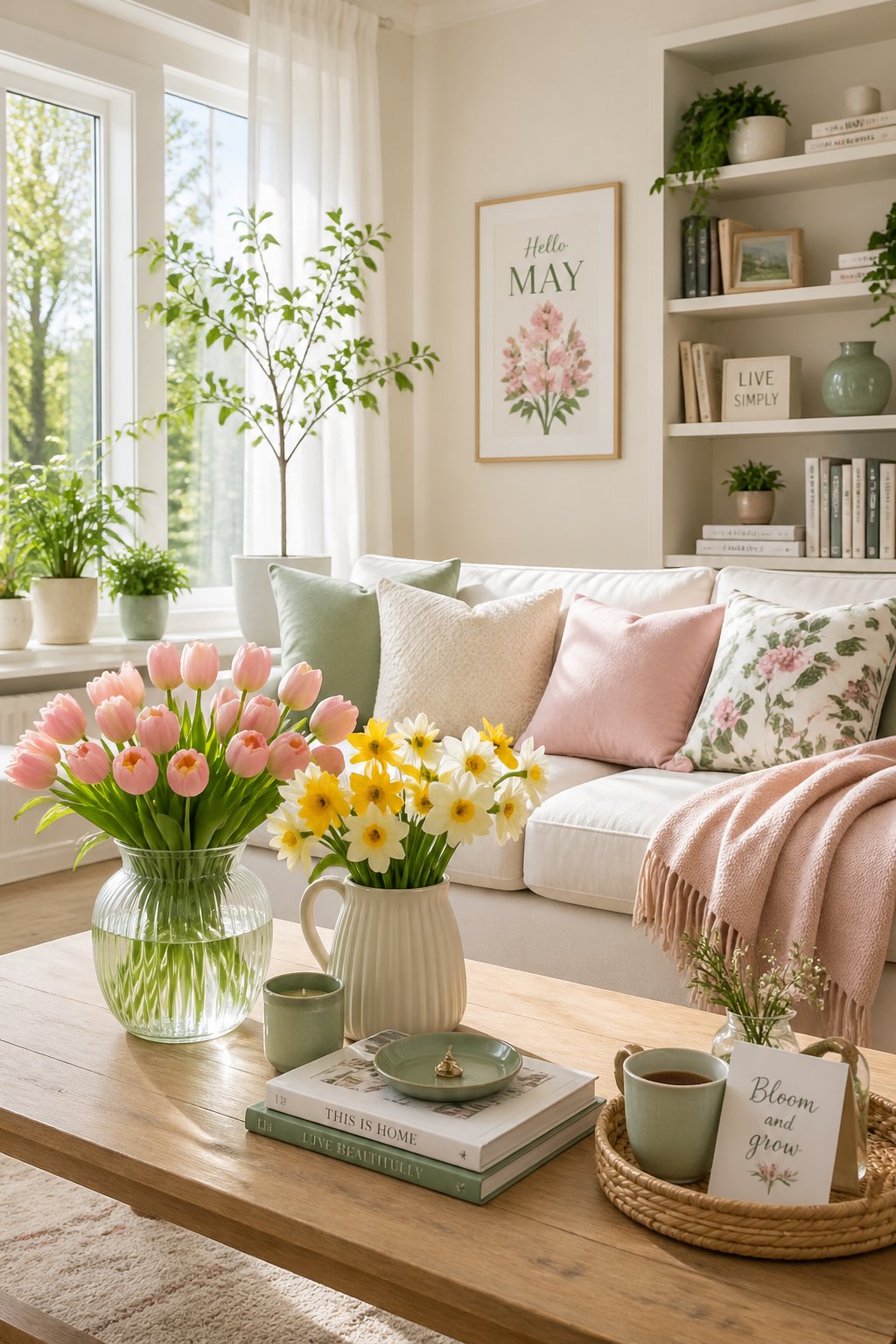 A living room with fresh spring flowers, pastel cushions, green plants, and sunlight coming through large windows.