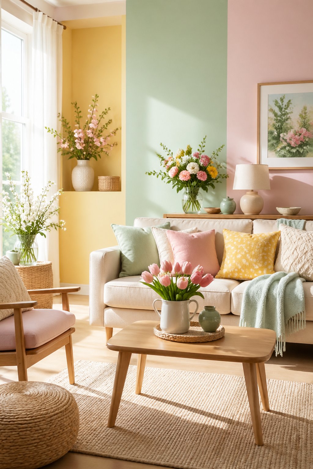 A sunlit living room decorated with pastel colors, fresh flowers, wooden furniture, and cozy cushions.