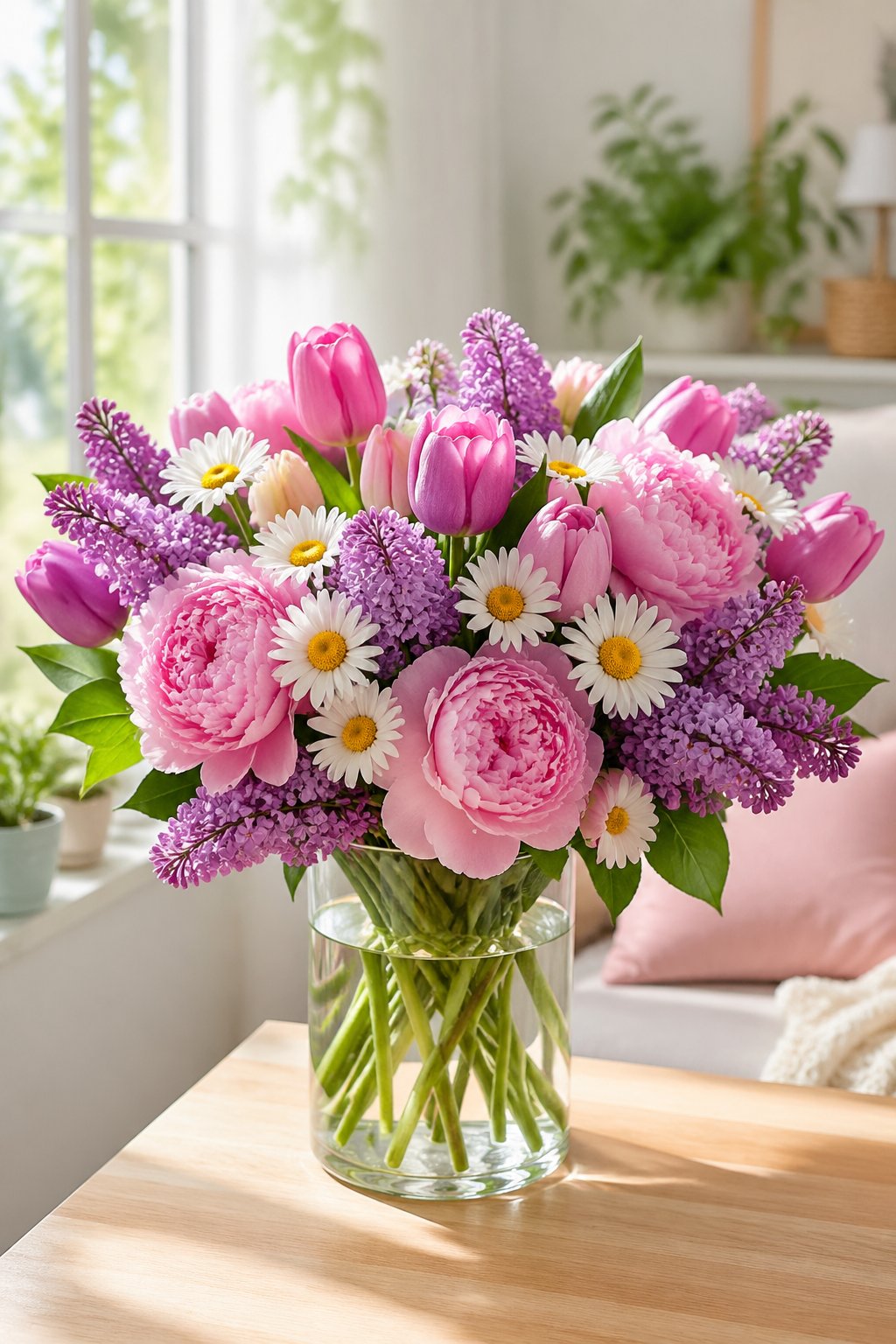 A vase of colorful seasonal flowers including tulips, lilacs, peonies, and daisies on a wooden table with soft natural light and a blurred interior background.