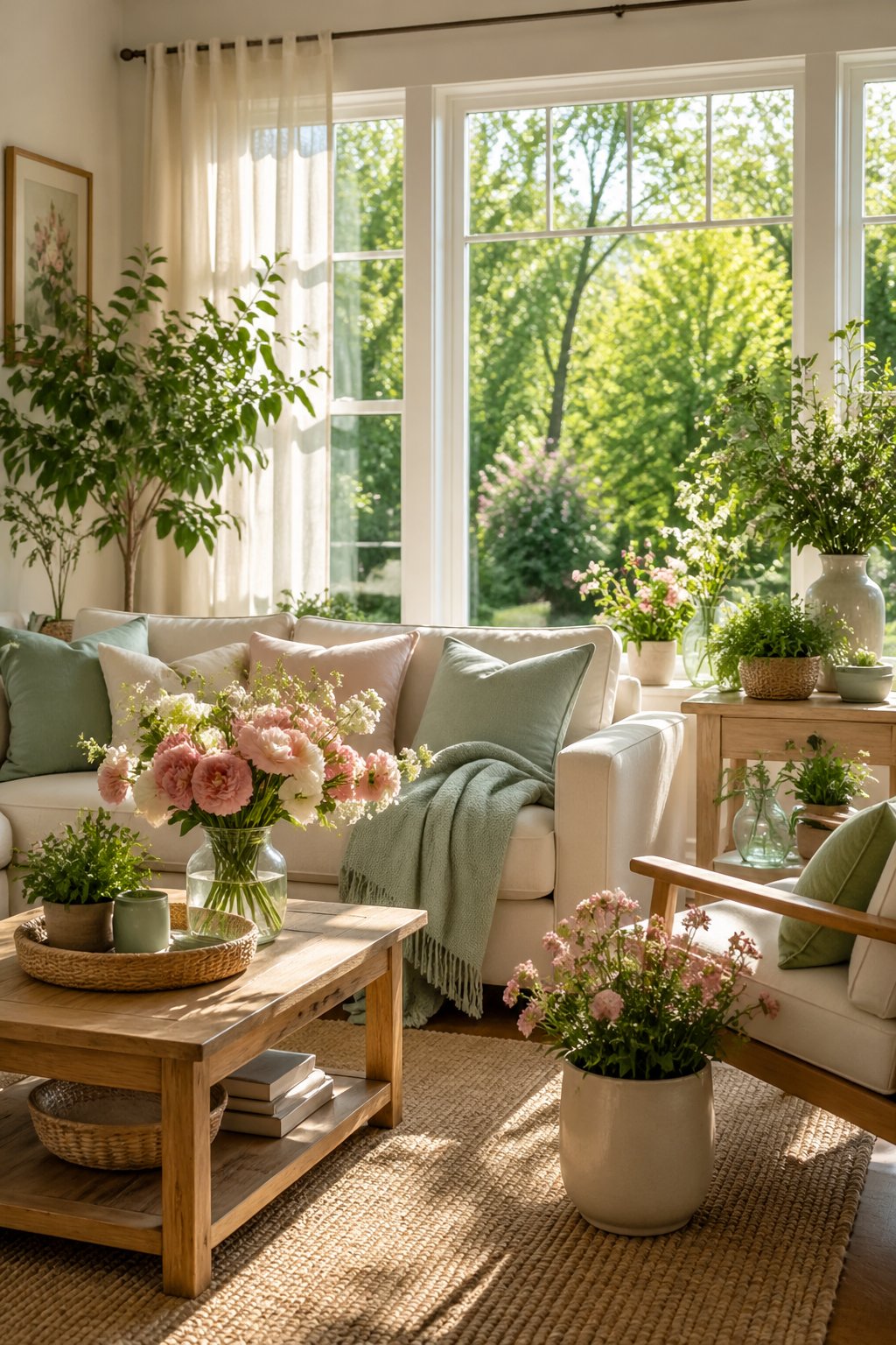A bright living room with large windows showing green plants outside, decorated with fresh flowers and potted plants indoors.