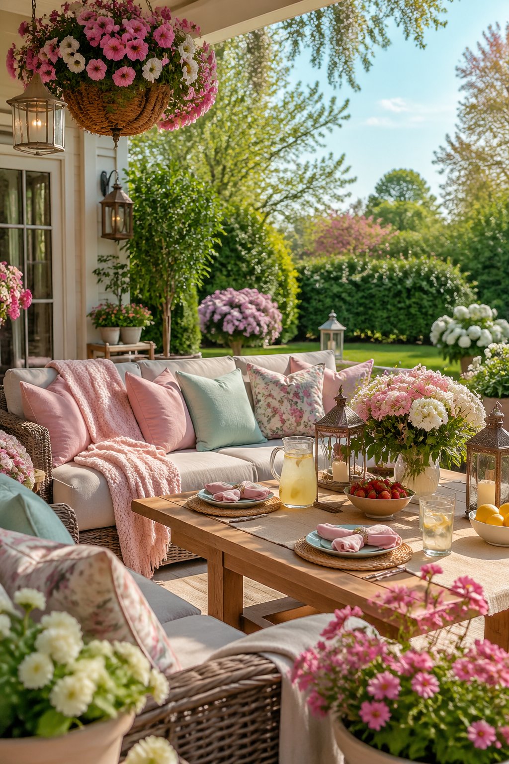 An outdoor patio with comfortable seating, blooming flowers, green plants, and a table set for a gathering on a sunny spring day.