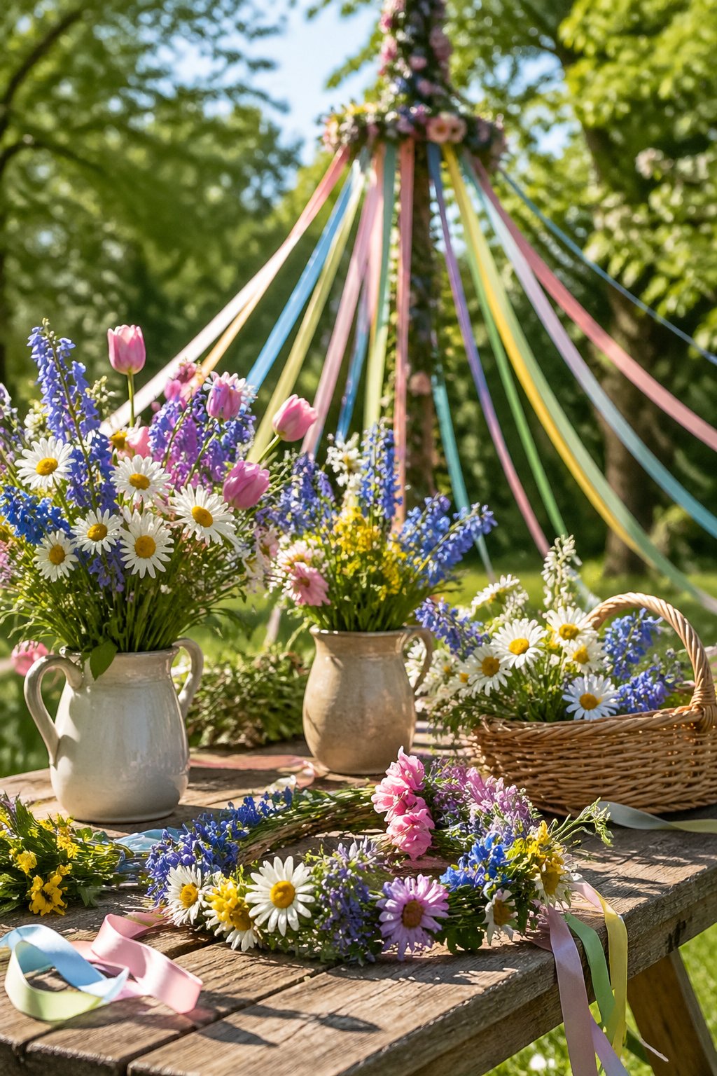 A wooden table outdoors decorated with fresh spring flowers, floral crowns, colorful ribbons around a Maypole, and woven baskets surrounded by green trees.