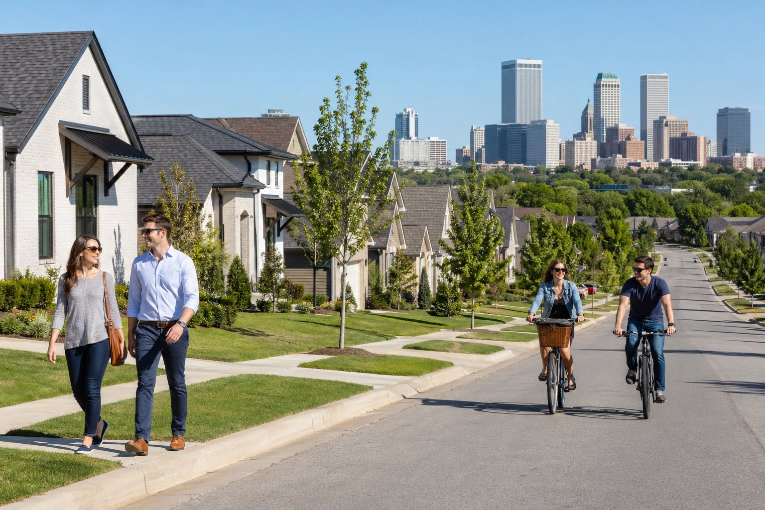 Suburban neighborhood with modern homes, tree-lined streets, and Tulsa city skyline in the background, with young people walking and biking.