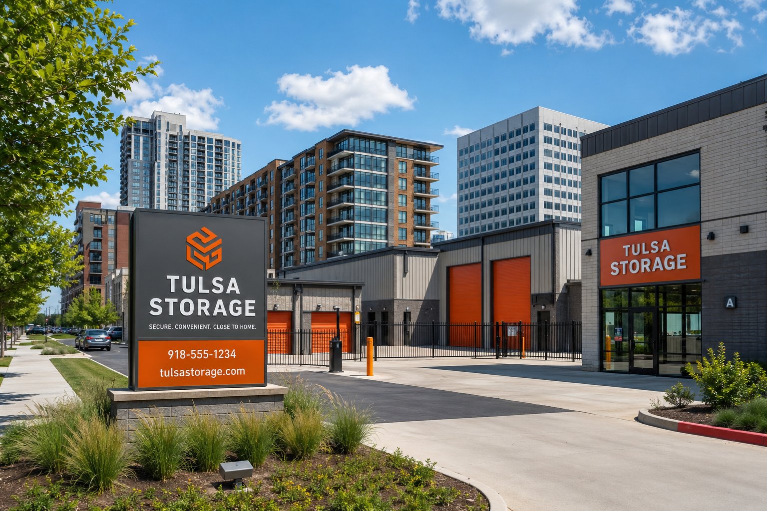 A modern storage facility with clean units and green landscaping in an urban neighborhood with apartments and offices in the background.