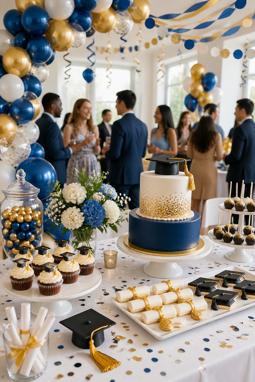 A decorated room with colorful balloons, a table with graduation-themed treats, and festive decorations for a graduation party.