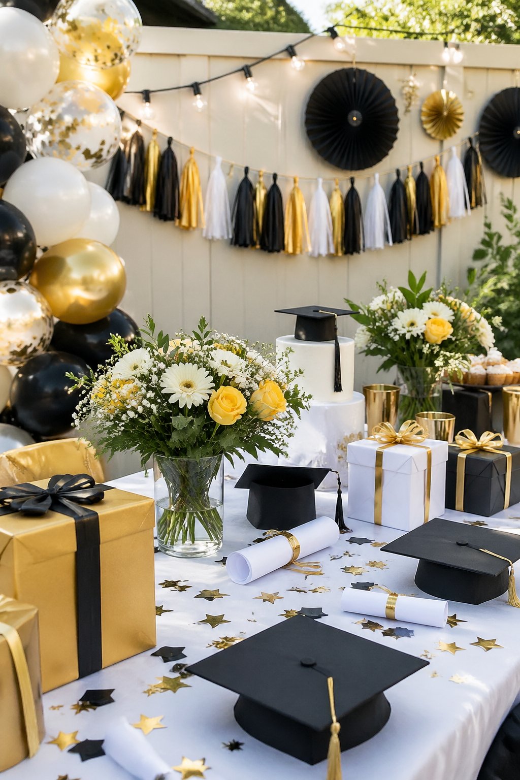 A decorated table with balloons, flowers, and graduation-themed decorations for a graduation party.