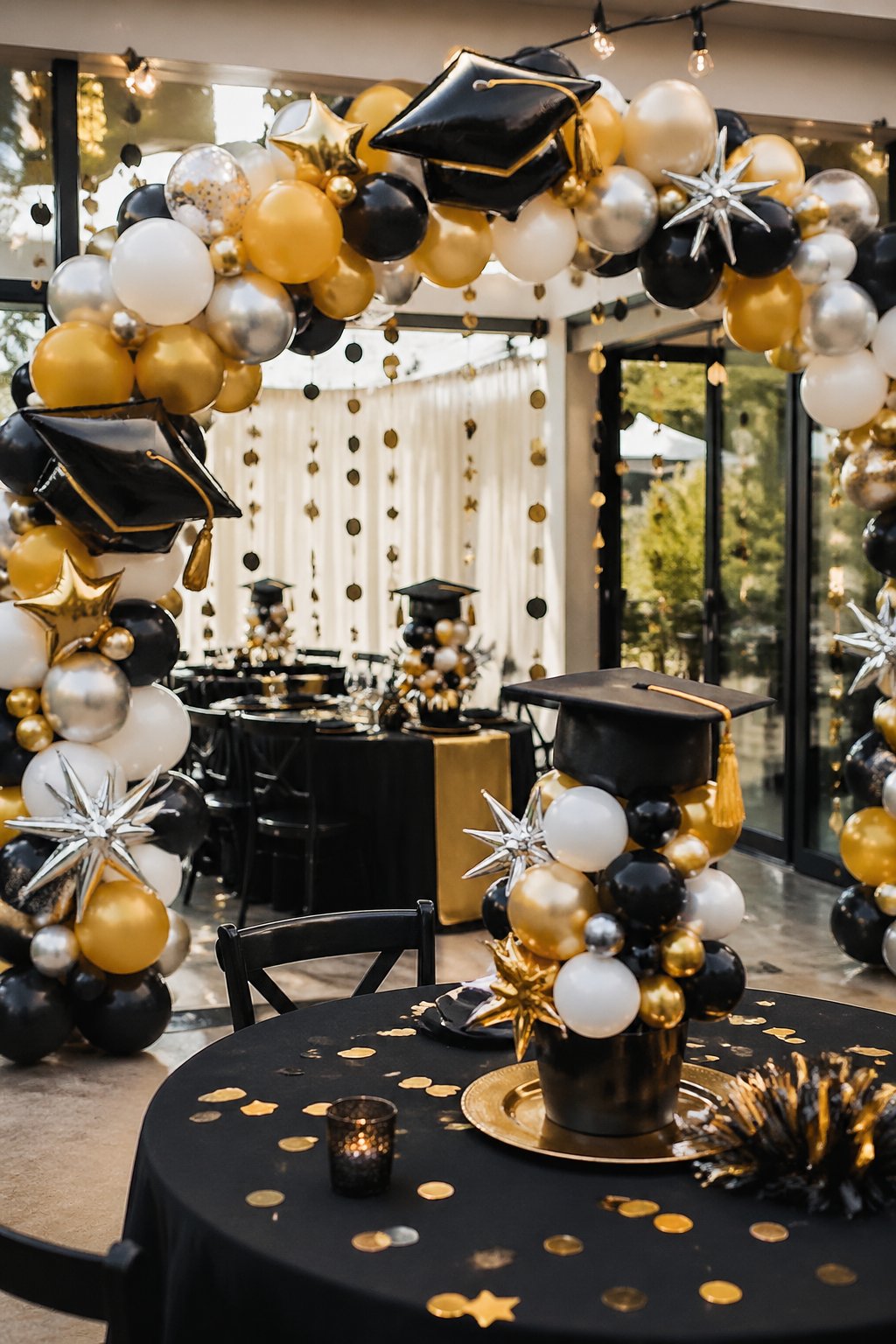 A graduation party decorated with colorful balloon arches and clusters in gold, black, white, and silver, with festive decorations and tables set up for celebration.