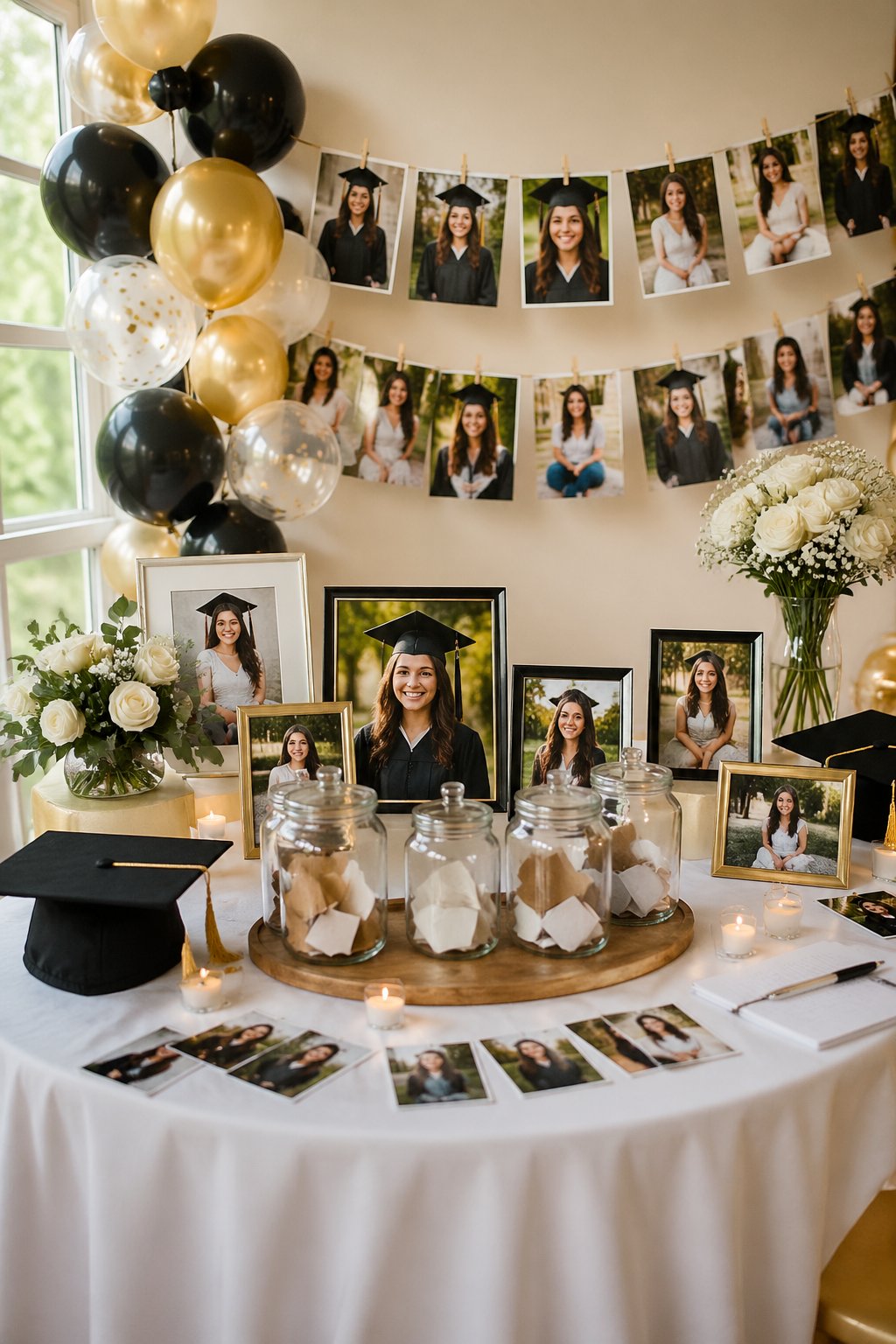 A decorated indoor graduation party setup with framed photos, photo banners, balloons, flowers, and memory jars on a table.
