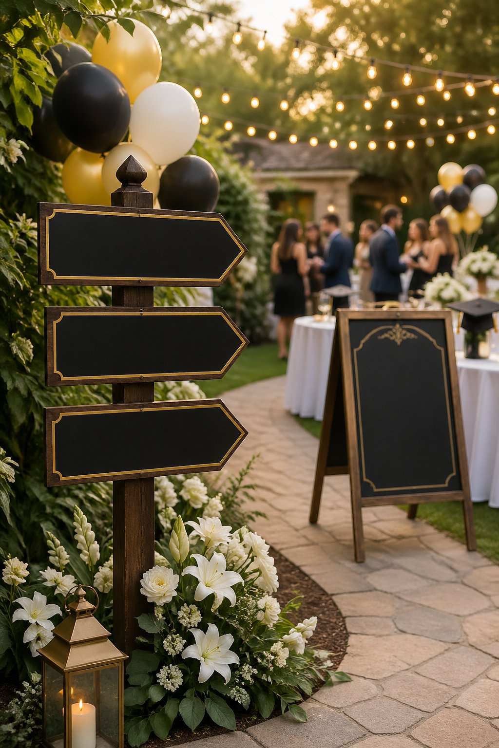 Outdoor garden scene with decorative signs, balloons, flowers, and string lights guiding guests at a graduation party.