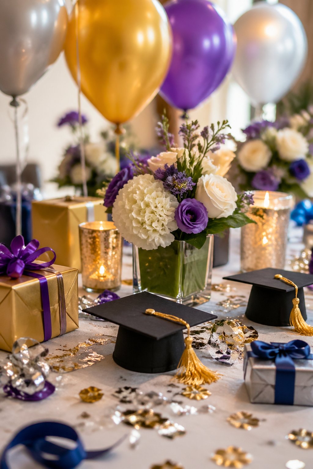 A decorated table with graduation-themed party decorations including miniature caps, balloons, confetti, flowers, and candles.