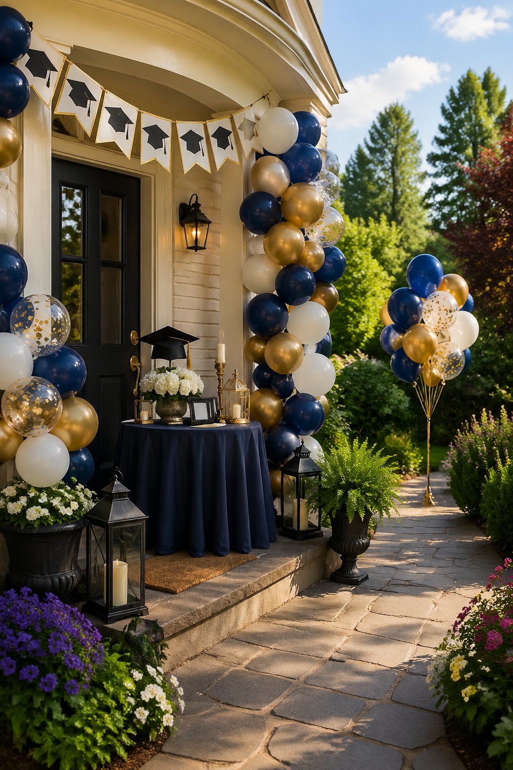 Outdoor entryway decorated with balloons, flowers, and graduation-themed decorations for a party.