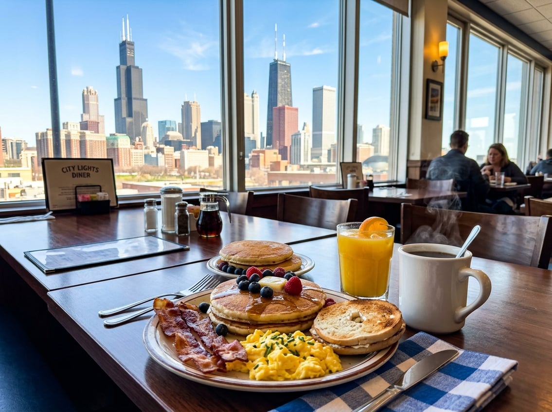 A breakfast plate with pancakes, bacon, eggs, and bagel on a table by a window showing the Chicago skyline in the background.