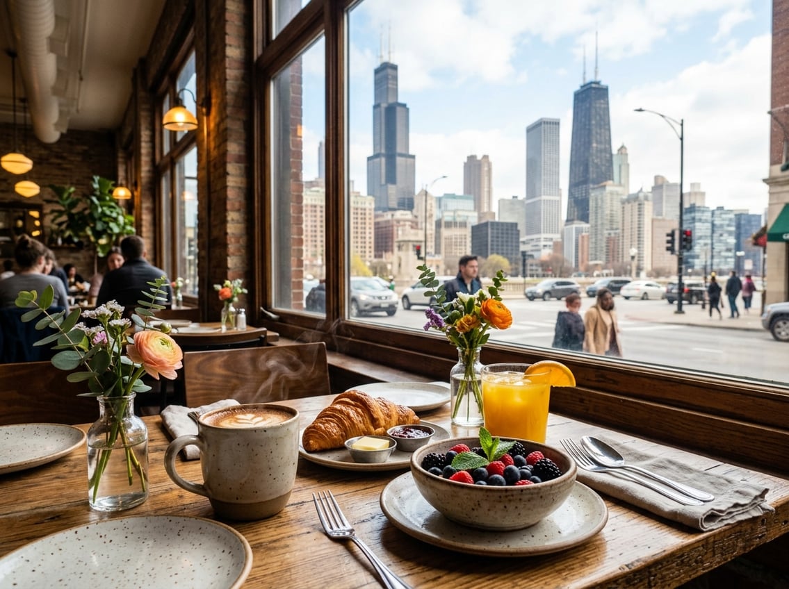 A breakfast table with coffee, croissant, berries, and orange juice by a window overlooking Chicago skyscrapers in the morning.