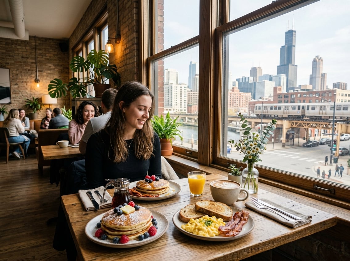 A breakfast table with pancakes, scrambled eggs, toast, and coffee inside a cafe with a view of Chicago's city skyline through a large window.