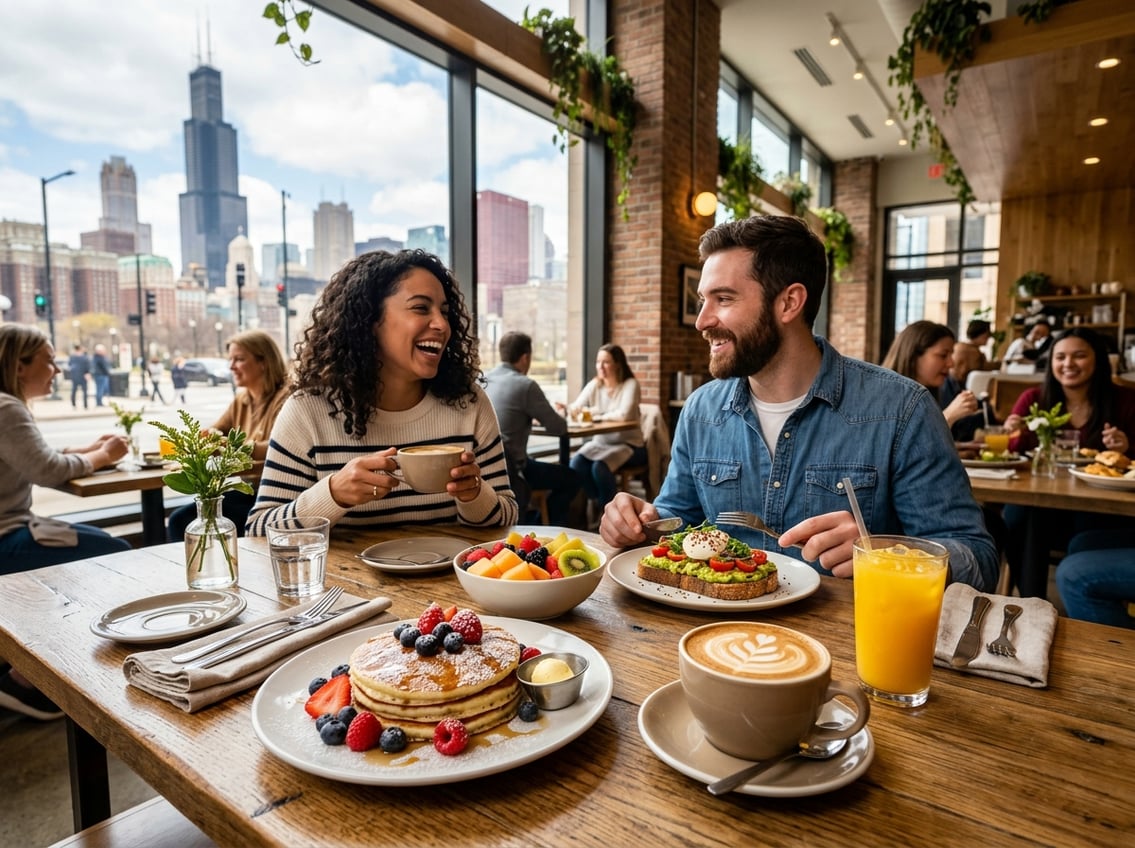 A brunch table with pancakes, avocado toast, fruit bowl, and coffee in a bright café with a city view.