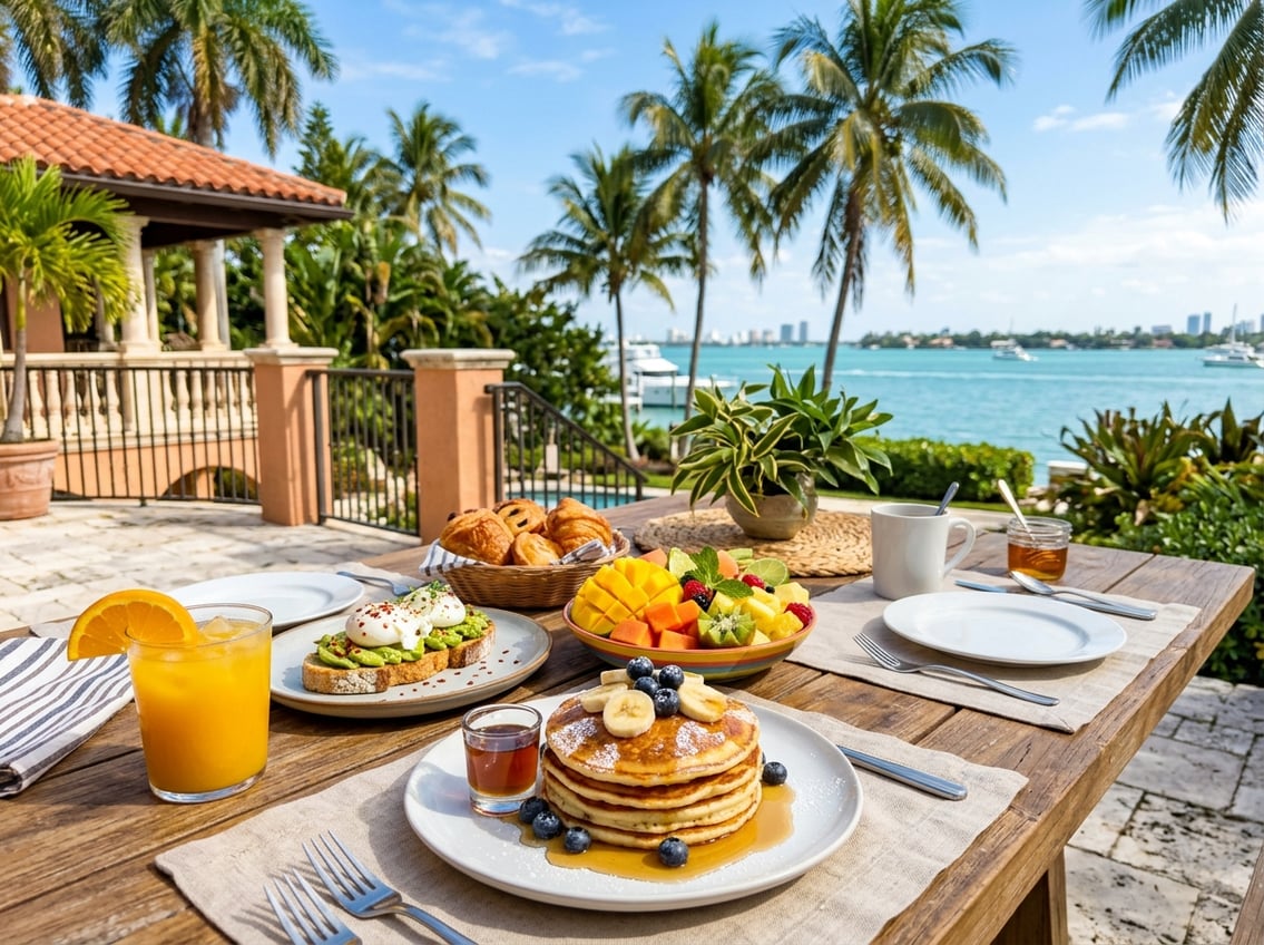 A breakfast table outdoors with tropical fruits, pancakes, and orange juice, set against palm trees and a clear blue sky.