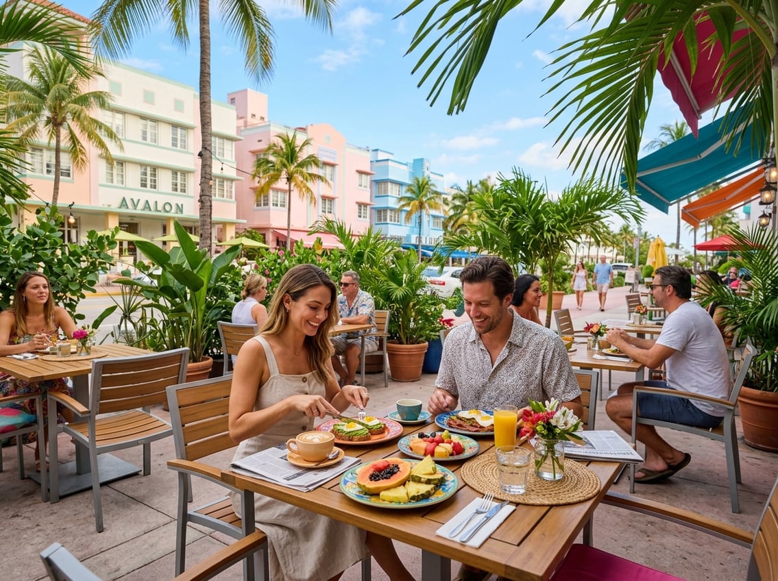 Outdoor café terrace in Miami with people enjoying breakfast surrounded by tropical plants and pastel-colored buildings.