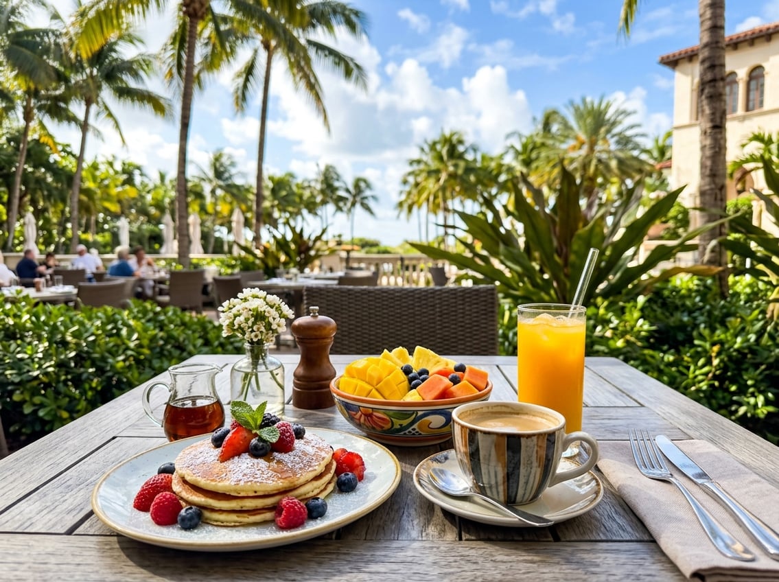 Outdoor breakfast table in Miami with tropical fruits, coffee, pancakes, and orange juice under palm trees on a sunny morning.