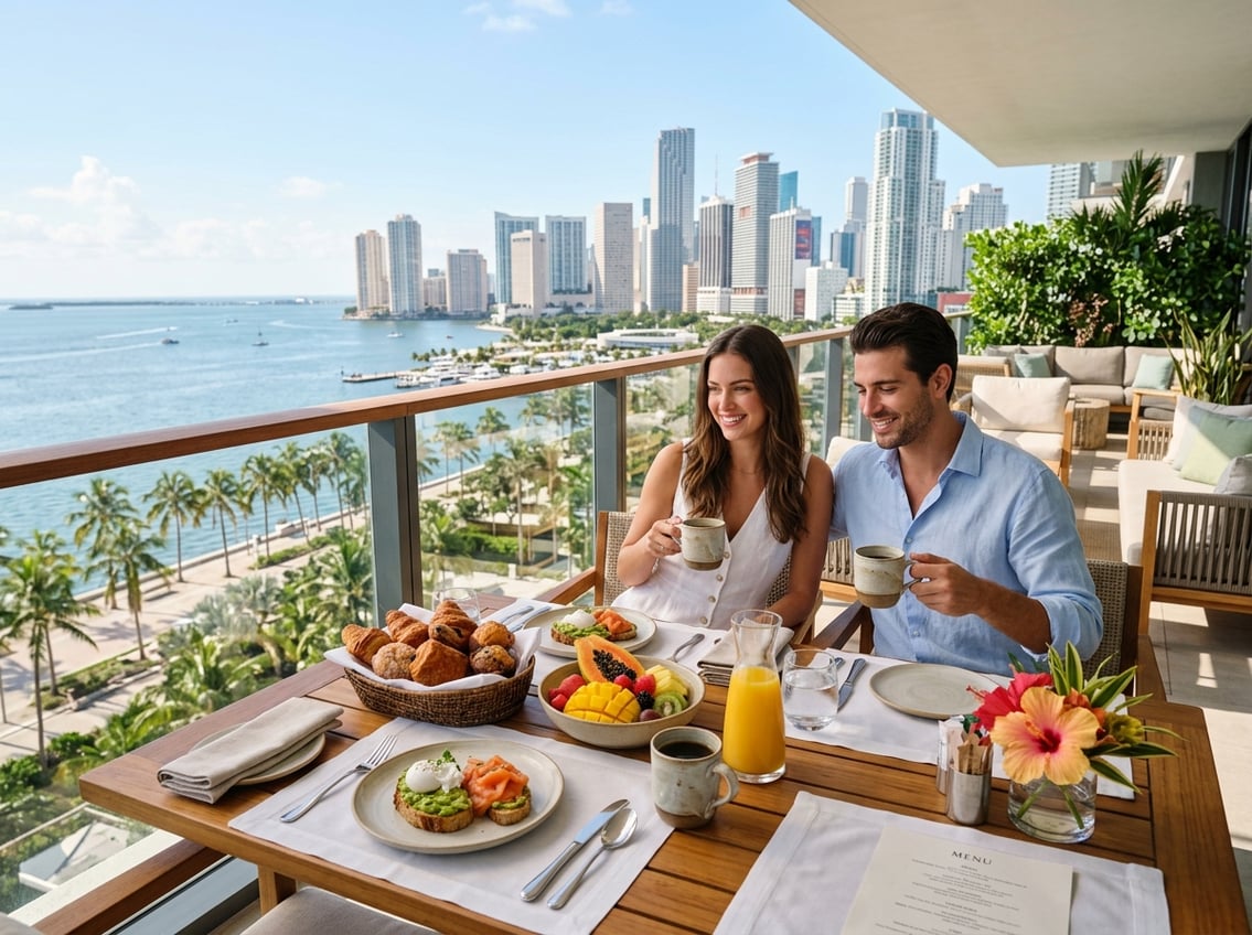 Outdoor breakfast table with tropical fruits and coffee overlooking Miami city skyline with palm trees and ocean in the background.