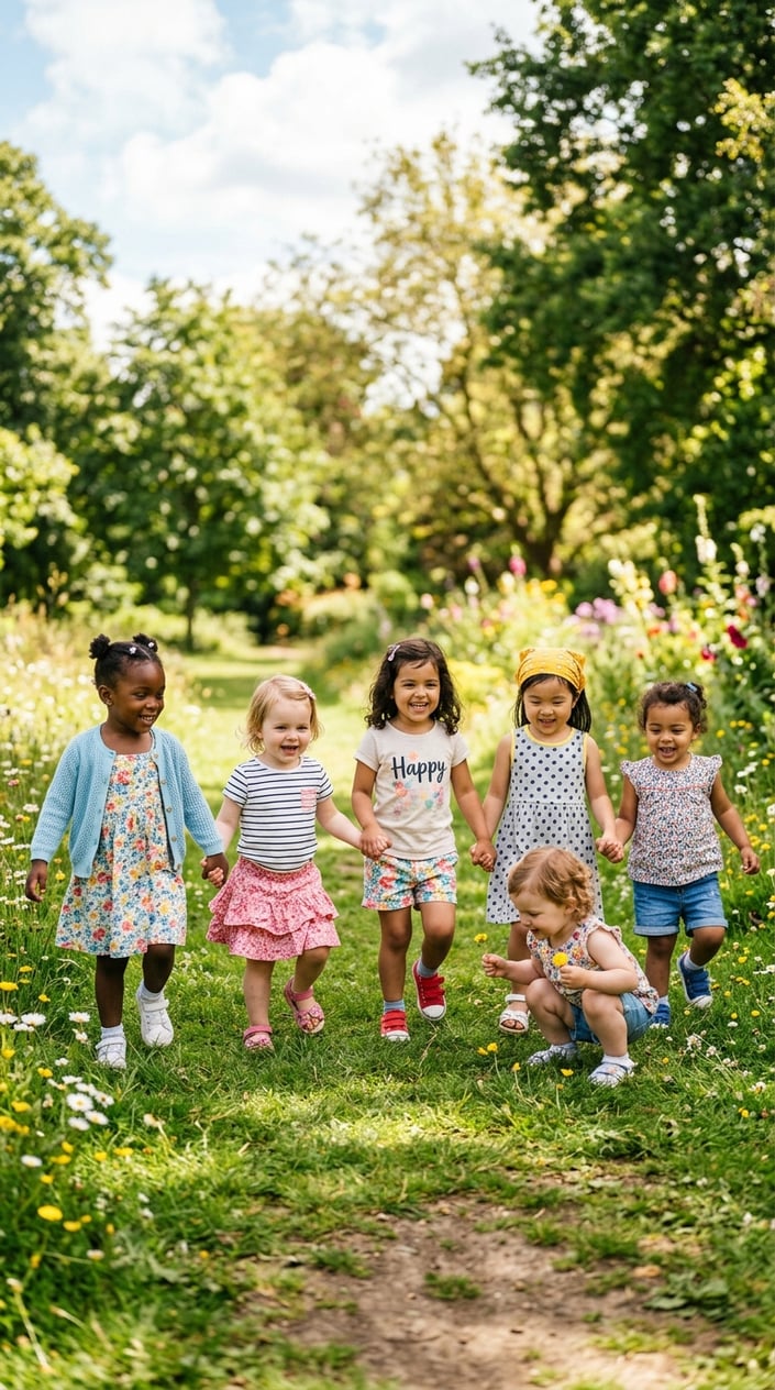 Five toddler girls playing together outdoors in colorful summer outfits with mixed patterns and styles.
