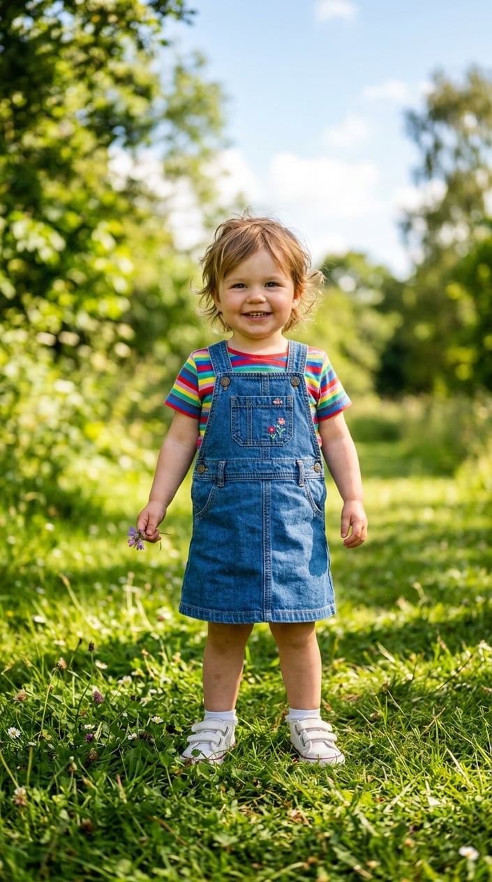 A toddler girl standing outdoors wearing a denim pinafore dress, a striped t-shirt, and white sneakers.