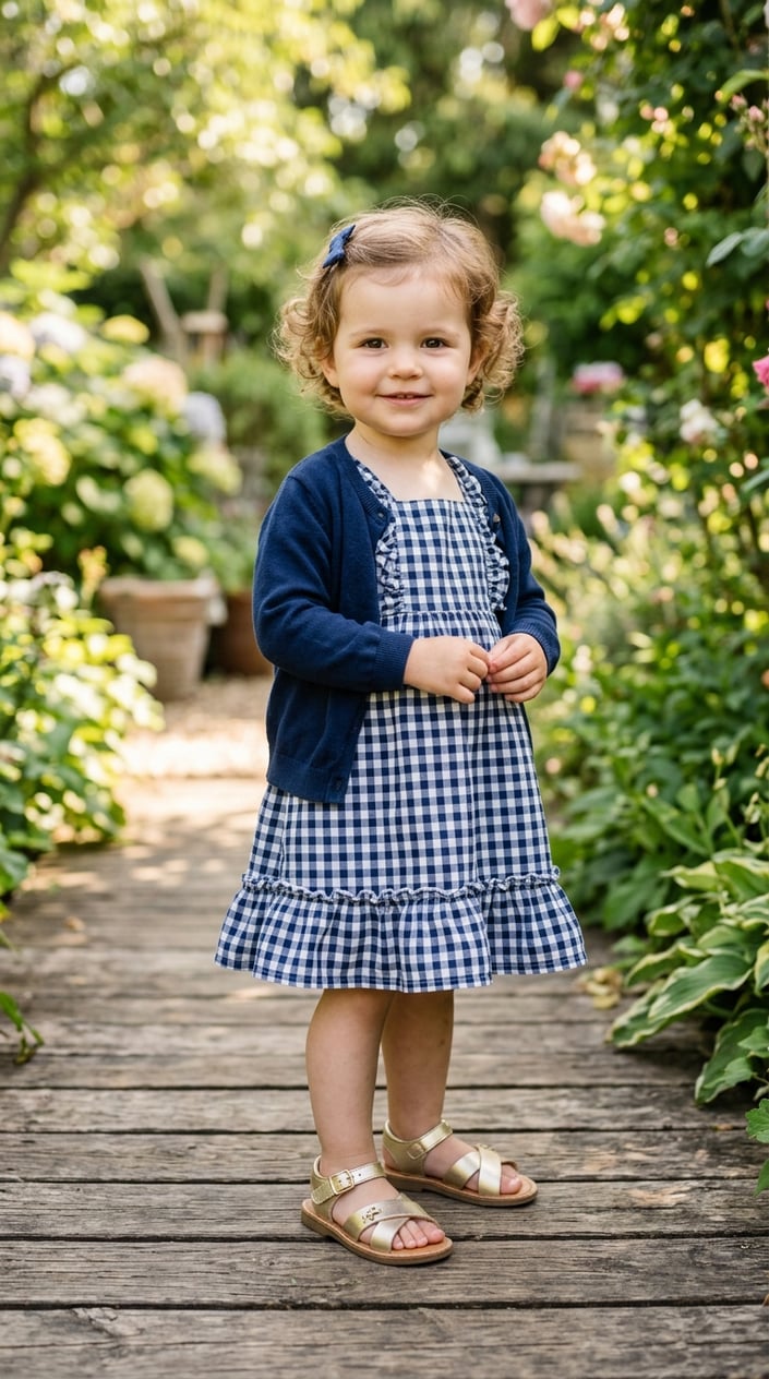 Toddler girl standing outdoors wearing a gingham sundress, navy cardigan, and gold sandals.
