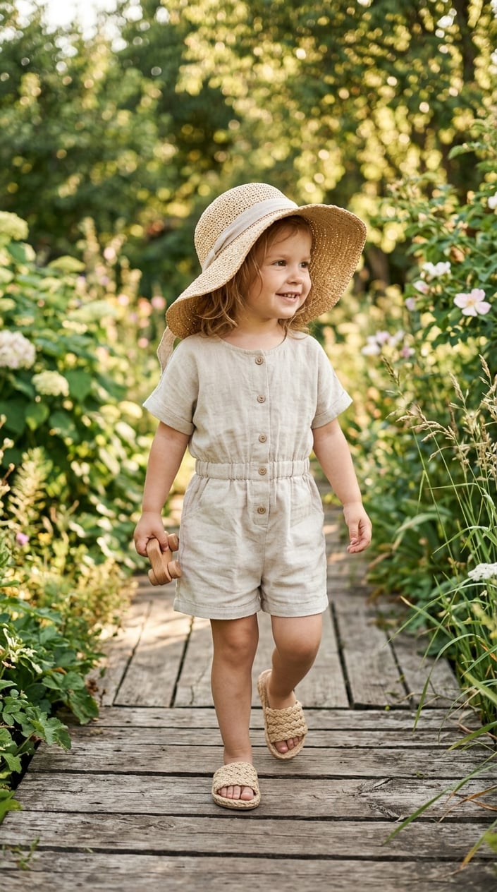 A toddler girl wearing a linen romper, oversized sun hat, and woven slides standing outdoors on a sunny day.