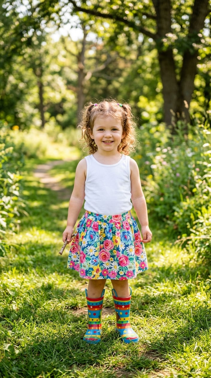 A toddler girl wearing a floral skirt, plain tank top, and colorful rain boots standing outside on a sunny day.