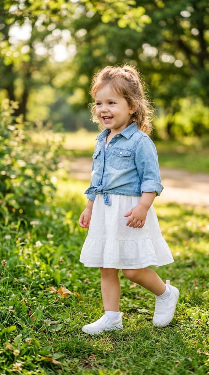 A toddler girl playing outside wearing a chambray shirt tied over a white cotton dress with white slip-on sneakers.
