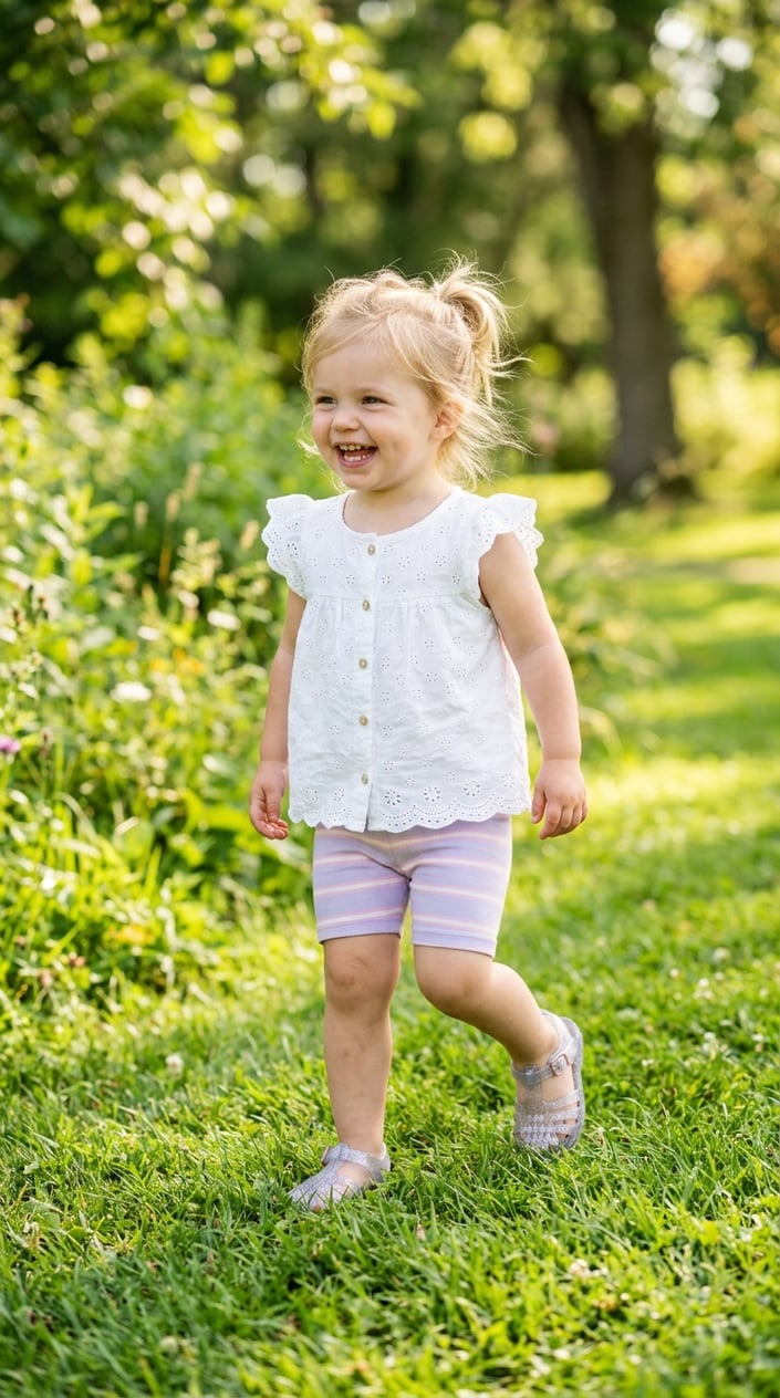 A toddler girl standing outside on grass wearing a white eyelet top, pastel bike shorts, and jelly sandals.