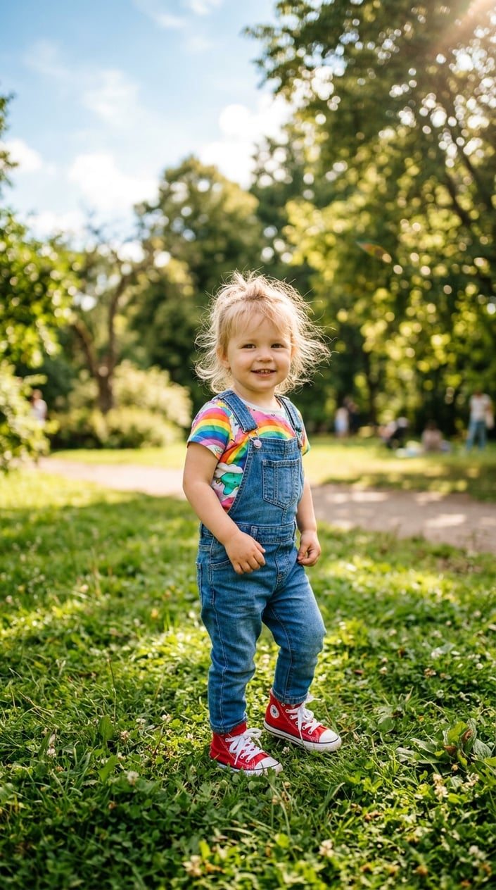 A toddler girl standing outdoors wearing denim overalls with one strap undone, a graphic t-shirt, and high-top sneakers.