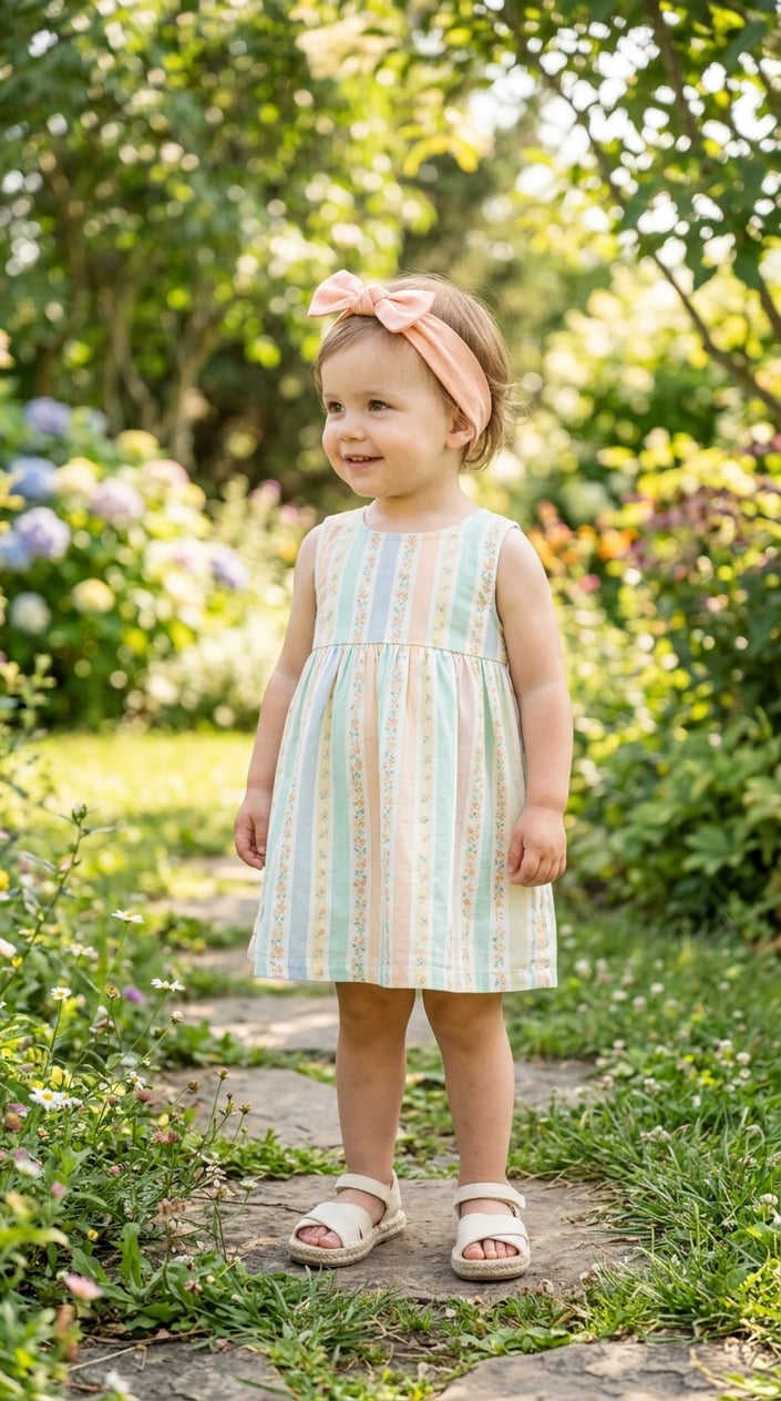 A toddler girl wearing a sleeveless dress, bow headband, and espadrille sandals standing outside on a sunny day.