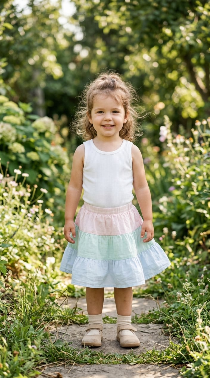 Toddler girl standing outdoors wearing a white tank bodysuit, tiered cotton skirt, and Velcro Mary Jane shoes on a sunny day.
