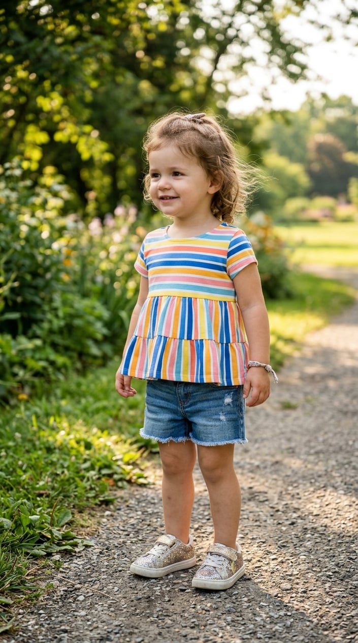 A toddler girl standing outdoors wearing a striped top, denim shorts, and glittery sneakers.